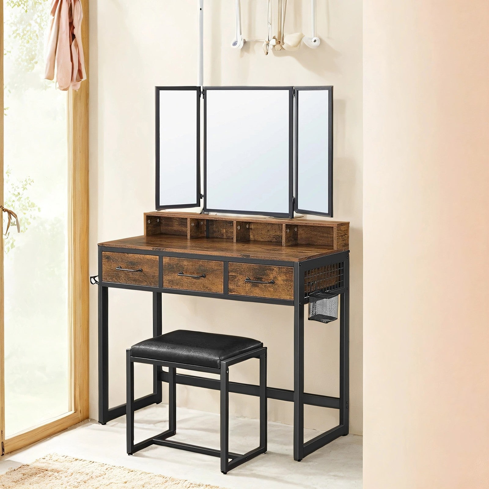 Makeup Vanity Desk with Tri-Fold Mirror, 3 Drawers and Stool, Dressing Table for Bedroom - image 9