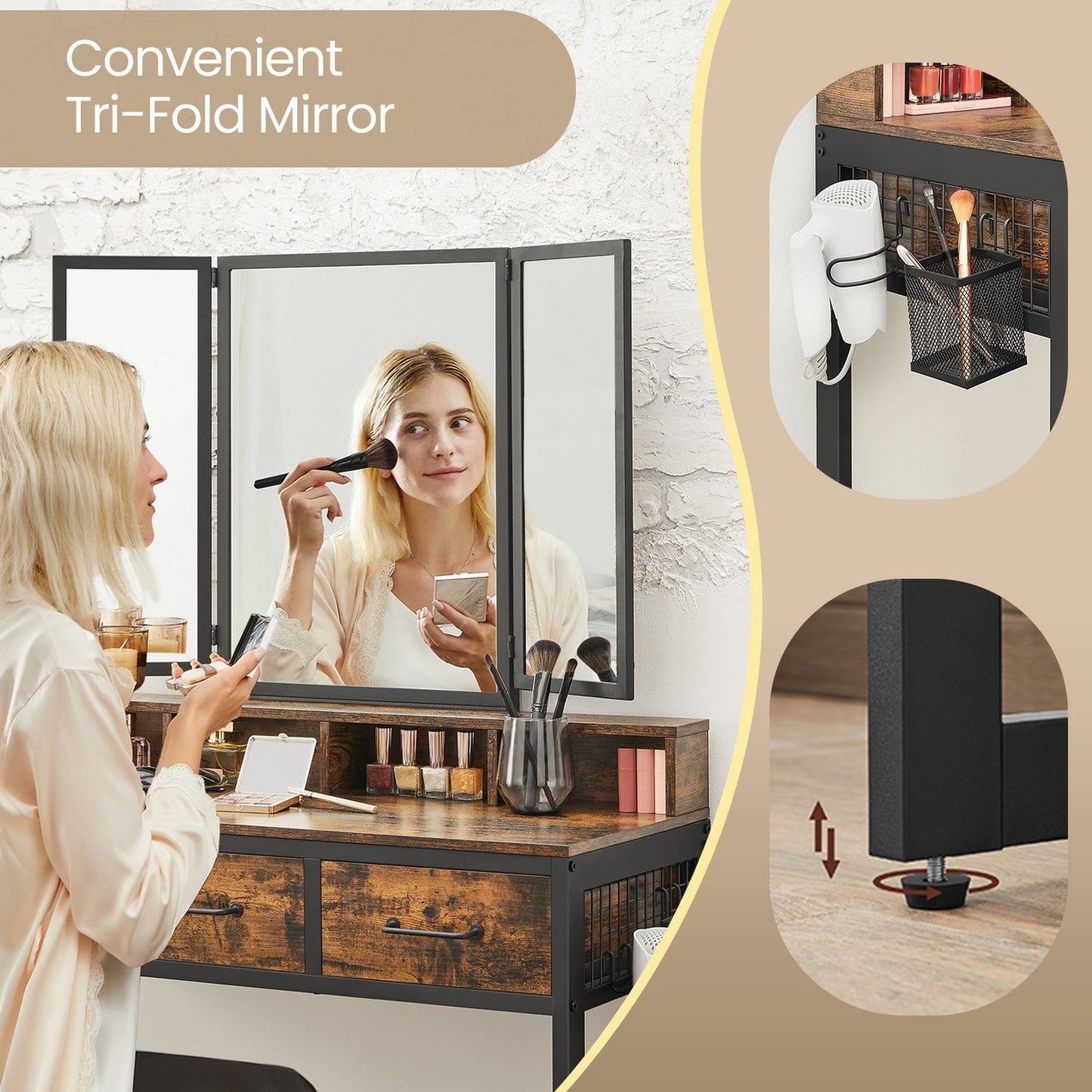 Makeup Vanity Desk with Tri-Fold Mirror, 3 Drawers and Stool, Dressing Table for Bedroom - image 10