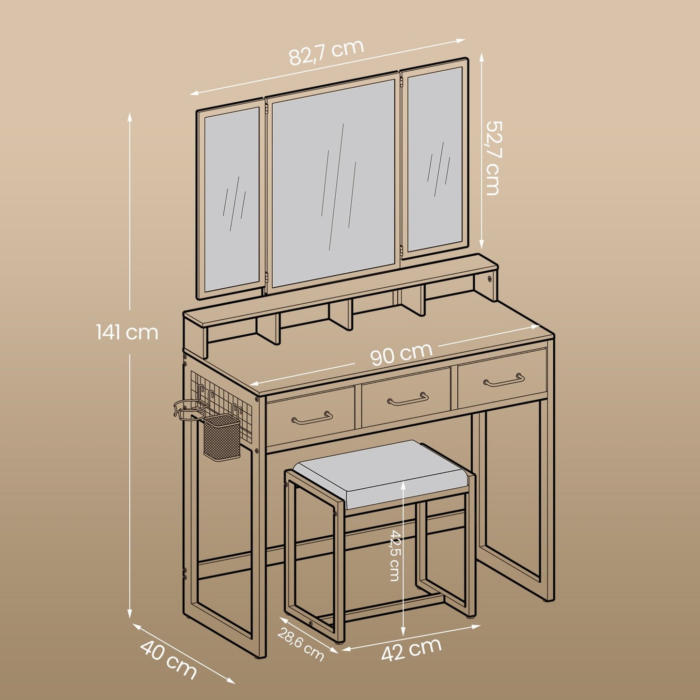 Makeup Vanity Desk with Tri-Fold Mirror, 3 Drawers and Stool, Dressing Table for Bedroom - image 11