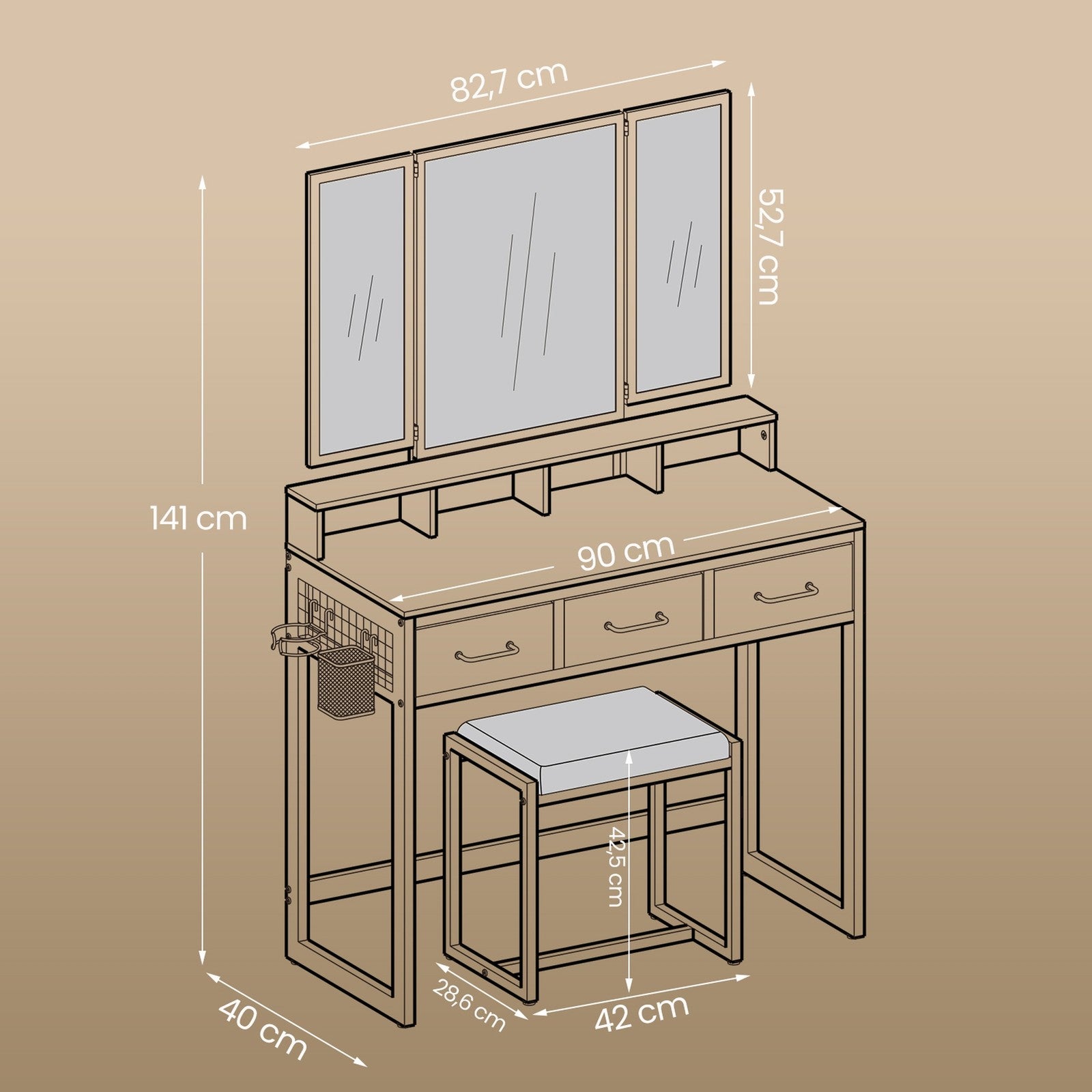 Makeup Vanity Desk with Tri-Fold Mirror, 3 Drawers and Stool, Dressing Table for Bedroom - image 11