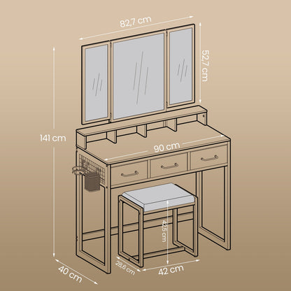 Makeup Vanity Desk with Tri-Fold Mirror, 3 Drawers and Stool, Dressing Table for Bedroom - image 11