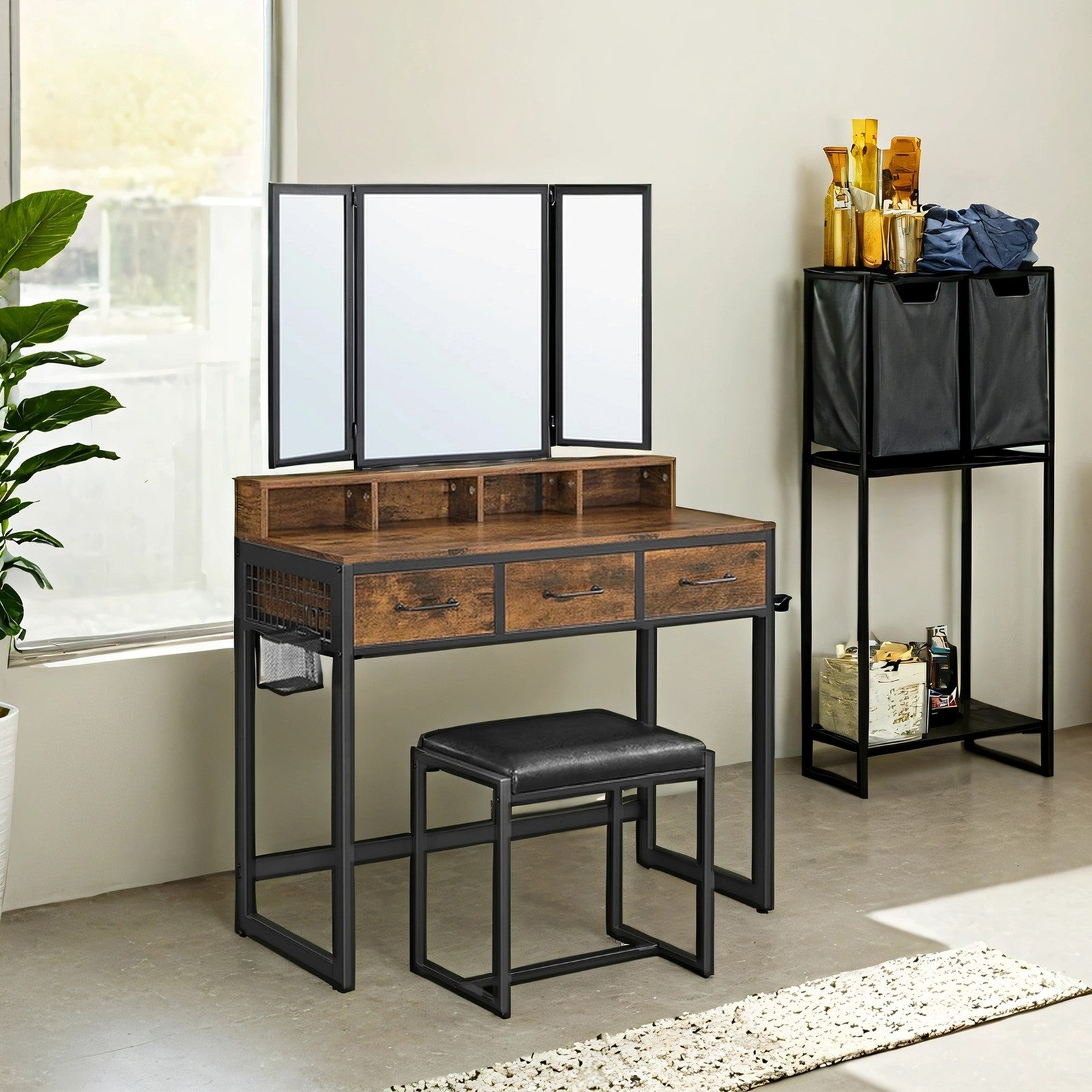 Dressing Table with Mirror and Stool, Vanity Table with Tri-Fold Mirror - image 5