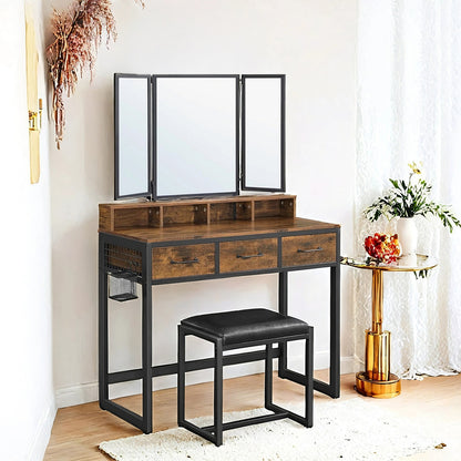Makeup Vanity Desk with Tri-Fold Mirror, 3 Drawers and Stool, Dressing Table for Bedroom - image 14