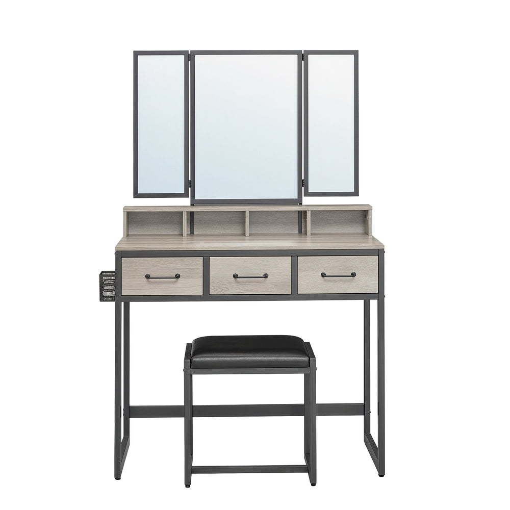 Makeup Vanity Desk with Tri-Fold Mirror, 3 Drawers and Stool, Dressing Table for Bedroom - image 1