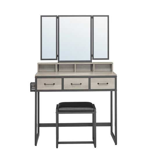 Makeup Vanity Desk with Tri-Fold Mirror, 3 Drawers and Stool, Dressing Table for Bedroom - image 1