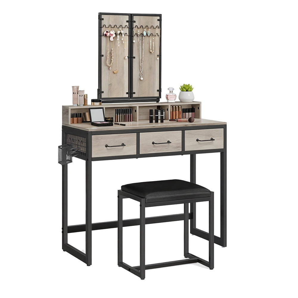 Makeup Vanity Desk with Tri-Fold Mirror, 3 Drawers and Stool, Dressing Table for Bedroom - image 2