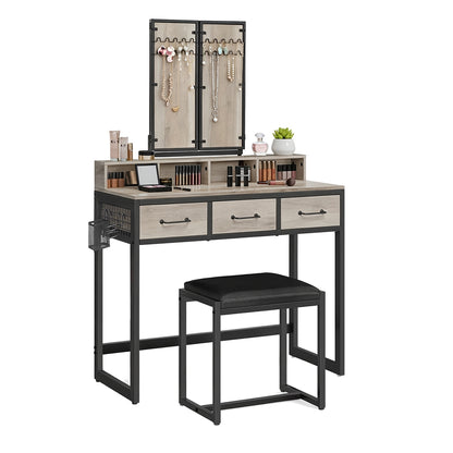 Makeup Vanity Desk with Tri-Fold Mirror, 3 Drawers and Stool, Dressing Table for Bedroom - image 2