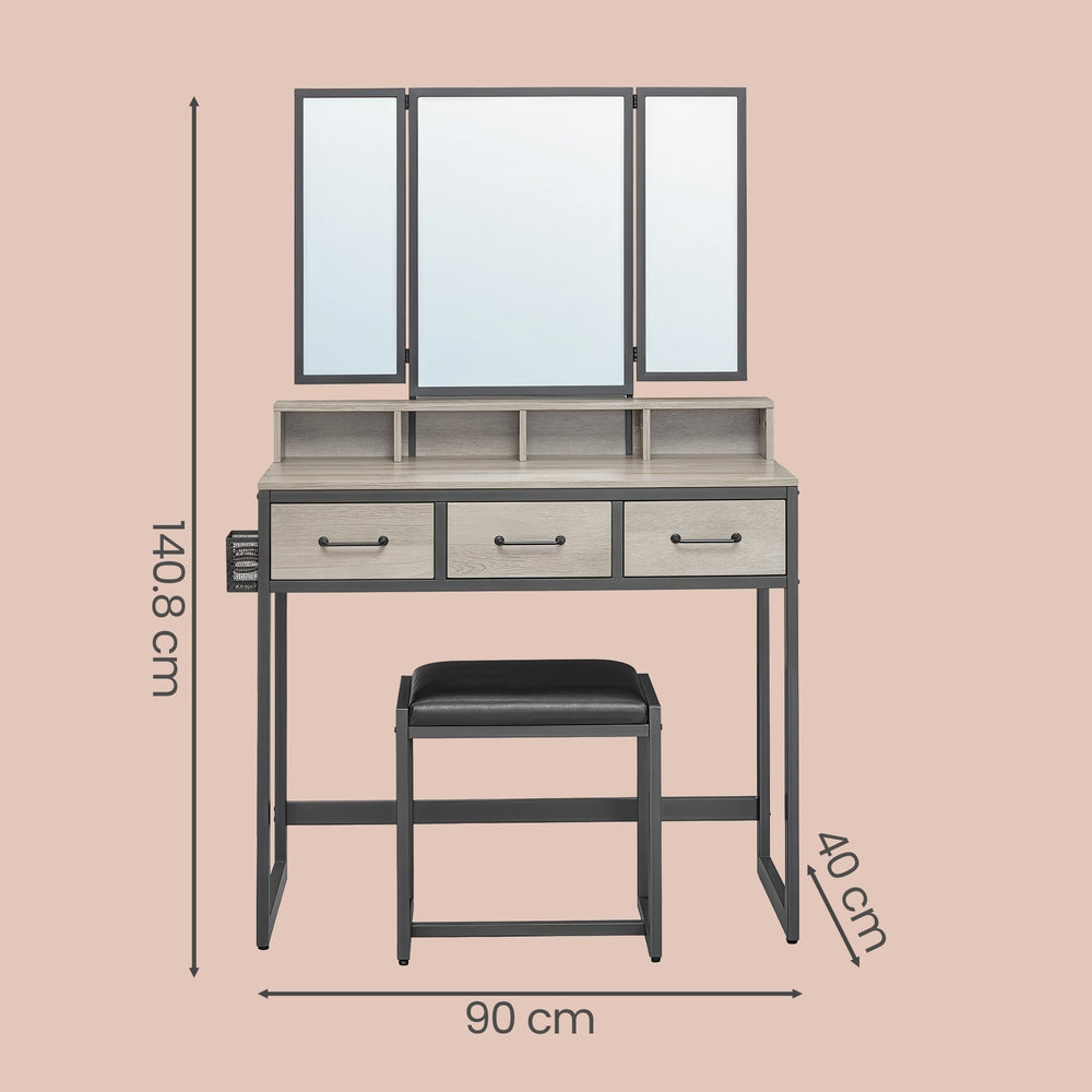 Makeup Vanity Desk with Tri-Fold Mirror, 3 Drawers and Stool, Dressing Table for Bedroom - image 3