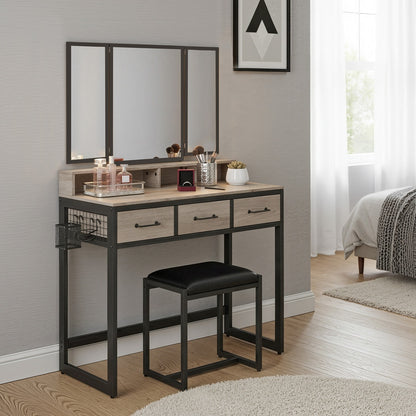 Makeup Vanity Desk with Tri-Fold Mirror, 3 Drawers and Stool, Dressing Table for Bedroom - image 4