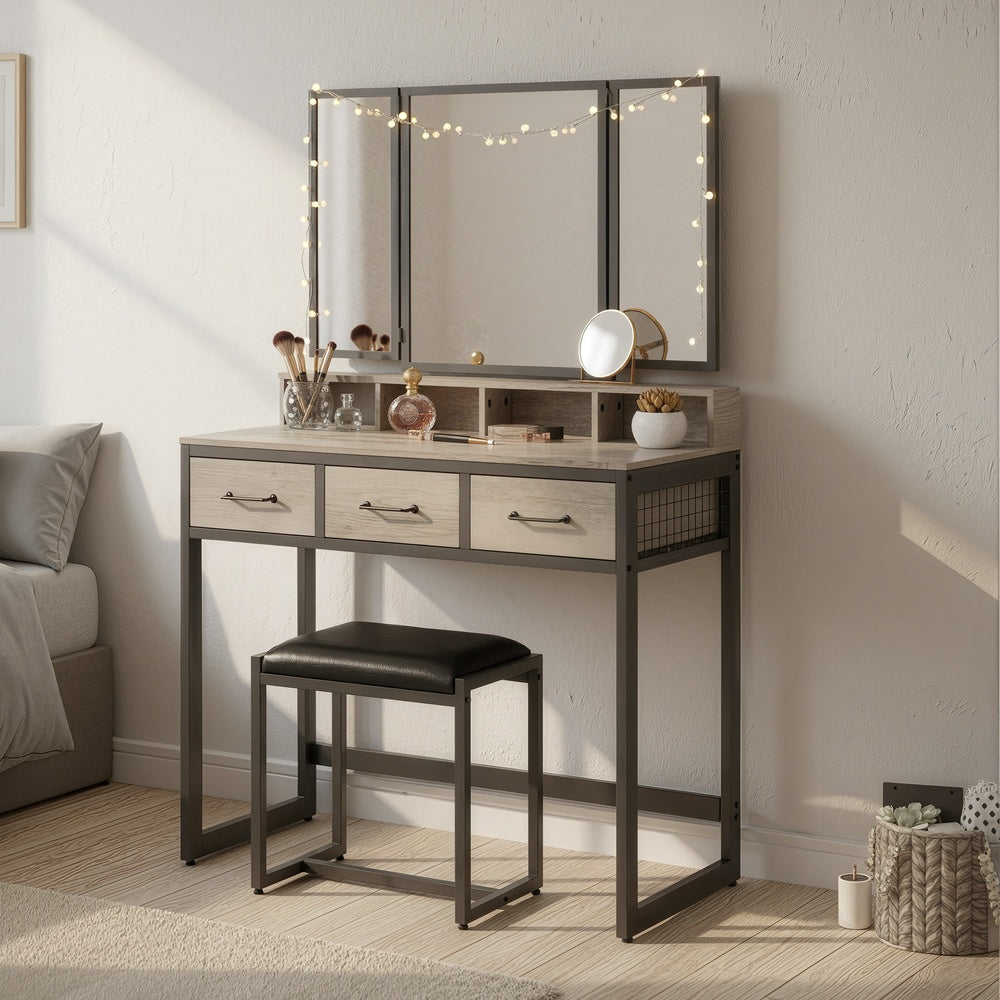 Makeup Vanity Desk with Tri-Fold Mirror, 3 Drawers and Stool, Dressing Table for Bedroom - image 5