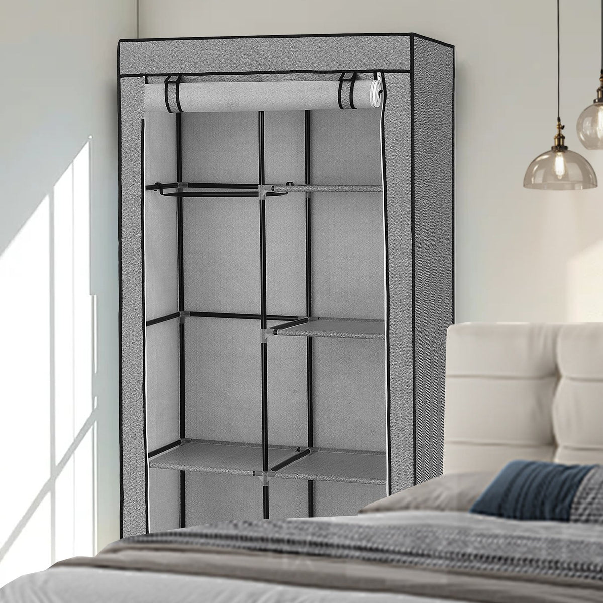 Portable Closet, Wardrobe Closet Organiser with Non-Woven Fabric Cover, Hanging Rods and Shelves - image 2
