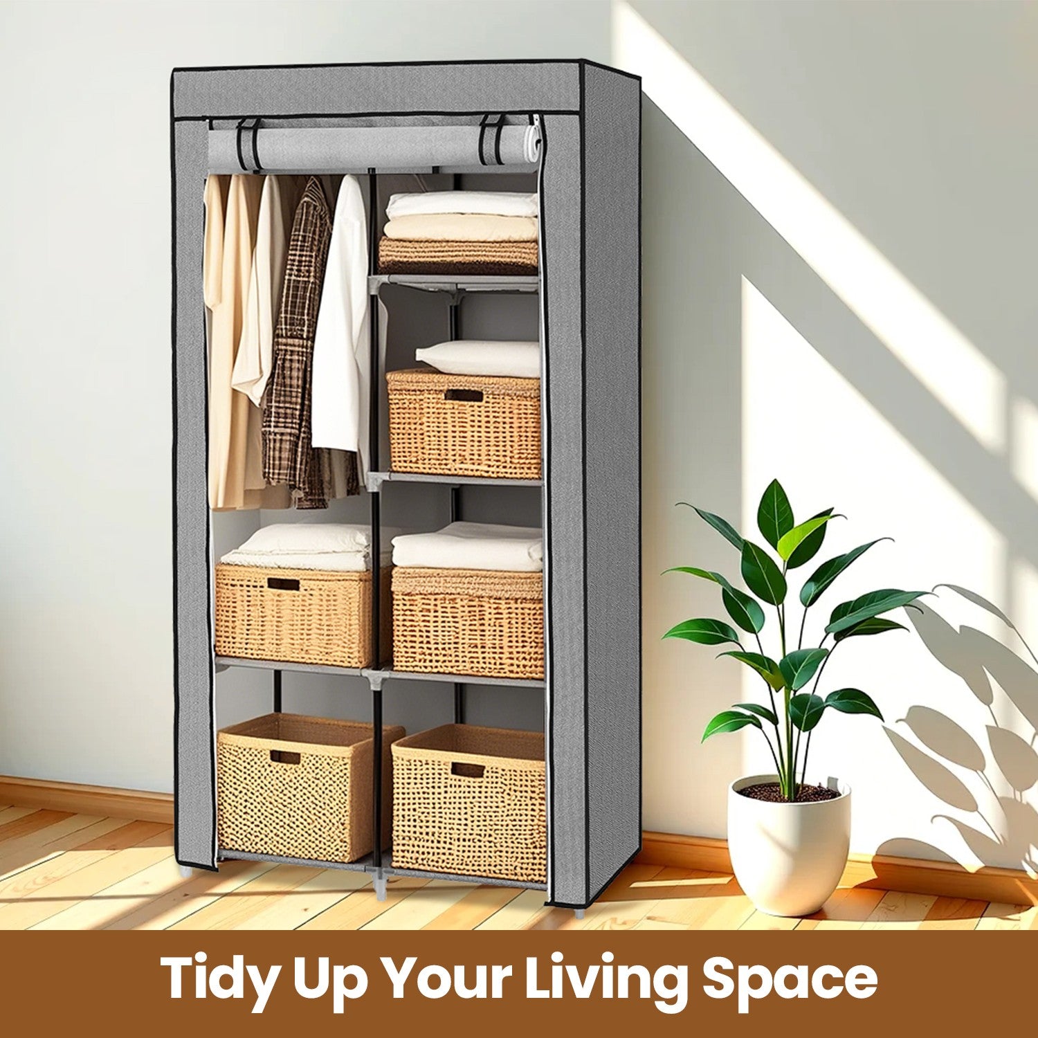 Portable Closet, Wardrobe Closet Organiser with Non-Woven Fabric Cover, Hanging Rods and Shelves - image 3