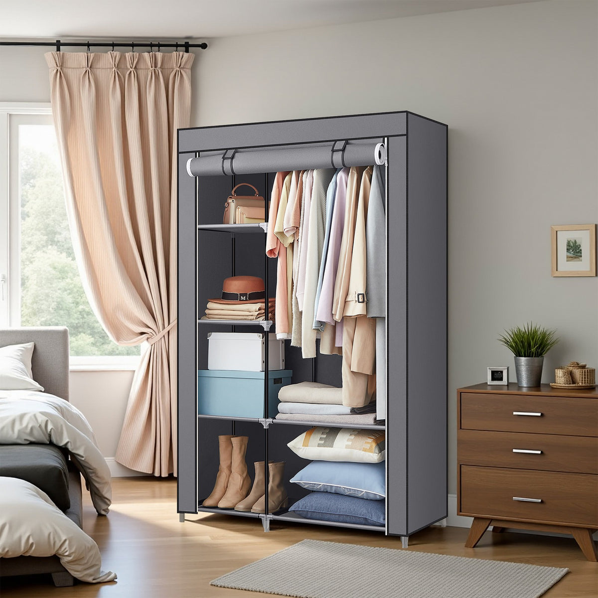Portable Closet Organizer with 6 Shelves And Hanging Rail, Non-Woven Fabric Storage Cabinet With Metal Frame - image 1