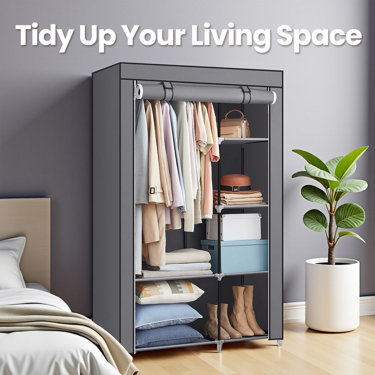 Portable Closet Organizer with 6 Shelves And Hanging Rail, Non-Woven Fabric Storage Cabinet With Metal Frame - image 4