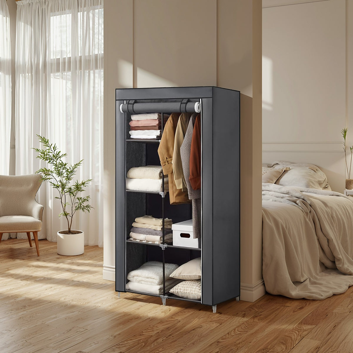 Portable Closet, Wardrobe Closet Organiser with Non-Woven Fabric Cover, Hanging Rods and Shelves - image 1