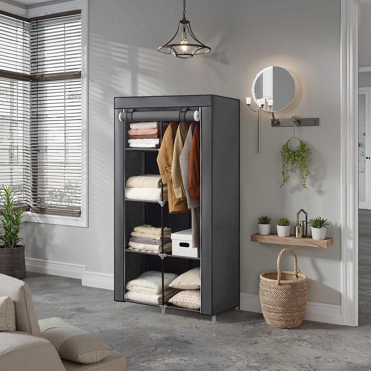 Portable Closet, Wardrobe Closet Organiser with Non-Woven Fabric Cover, Hanging Rods and Shelves - image 2