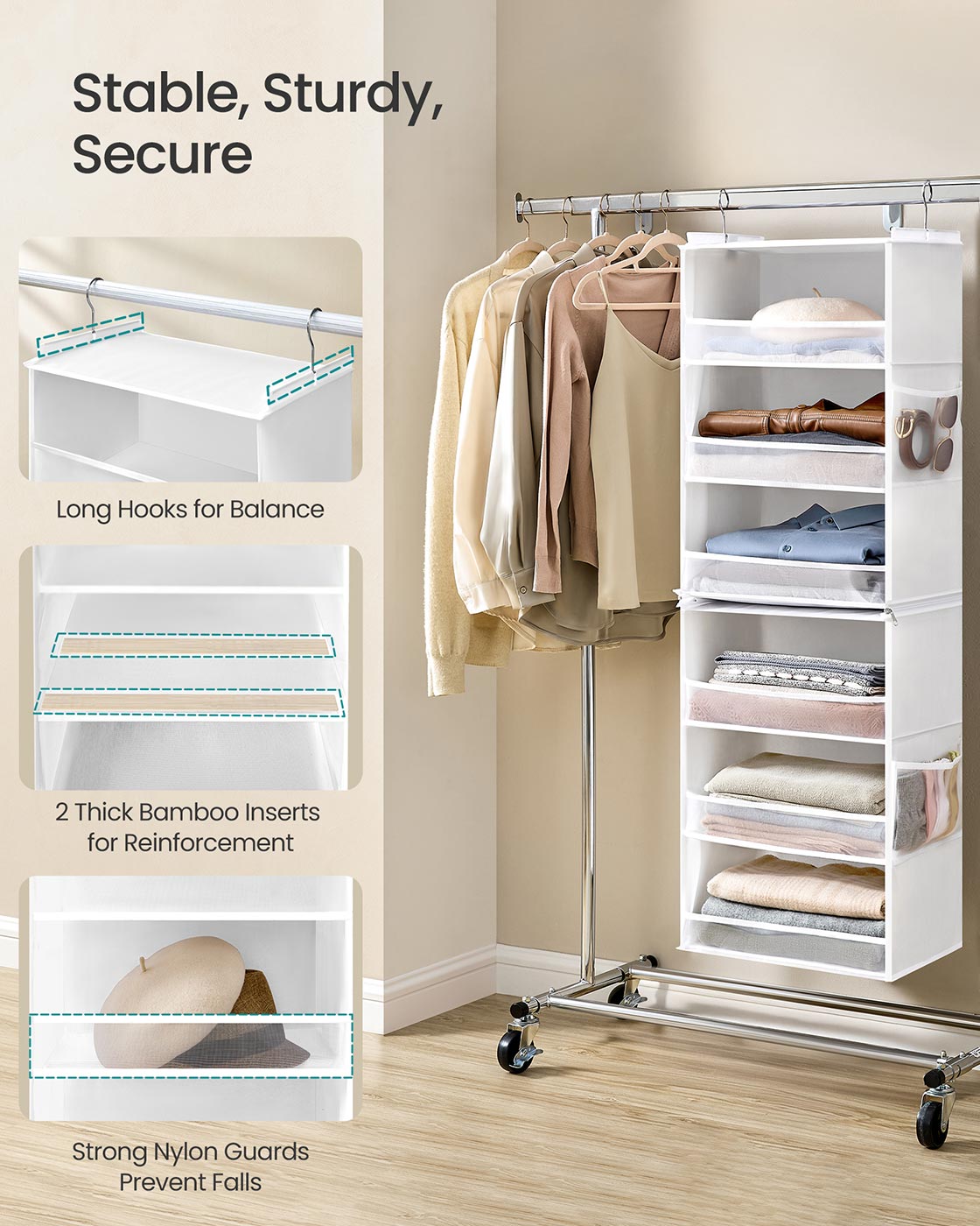 Hanging Wardrobe Organiser 6-Tier Separable Foldable Cloud White - image 4