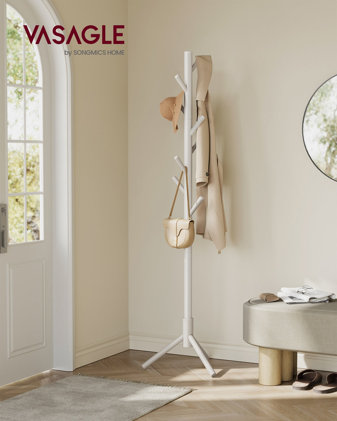 Standing Coat Rack, 8 Hooks, Cappuccino Beige - image 2