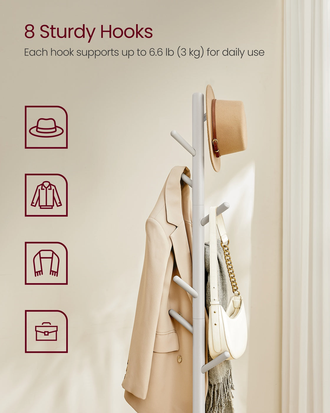 Standing Coat Rack, 8 Hooks, Cappuccino Beige - image 3