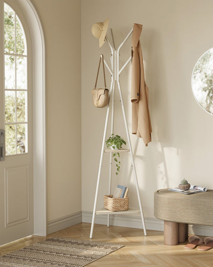 Industrial Hall Tree with 2 Shelves - Coat Rack & Bag Holder for Entryway, Rustic Beige & White Storage Stand - image 2