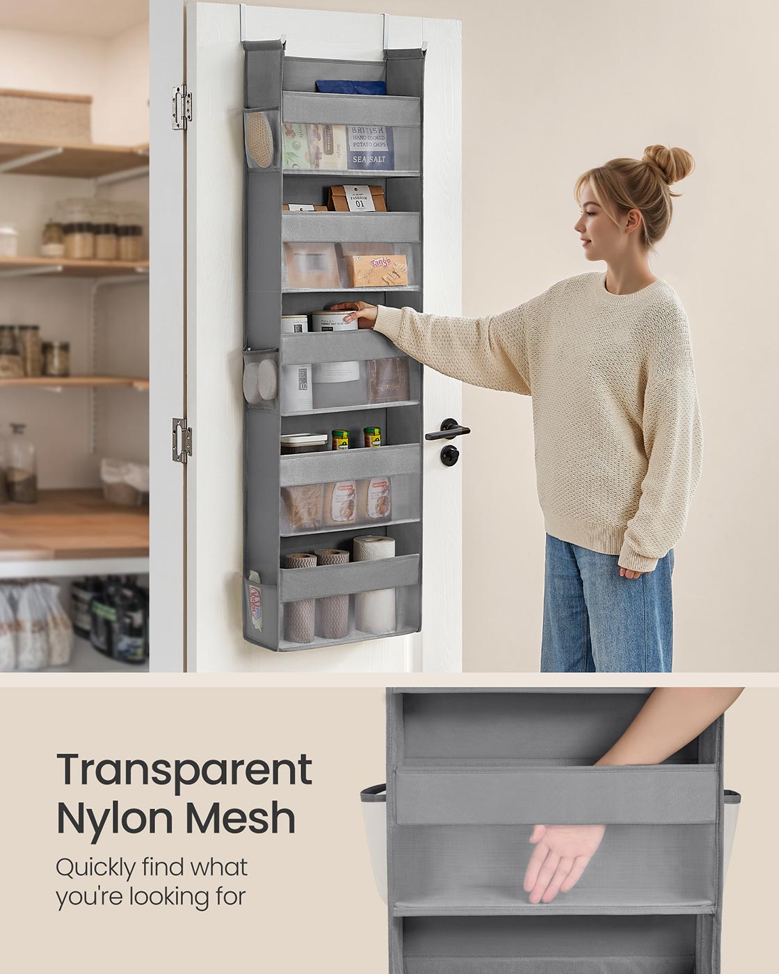 Over the Door Organiser with 5 Large Pockets Transparent Nylon Mesh Dove Grey - image 6