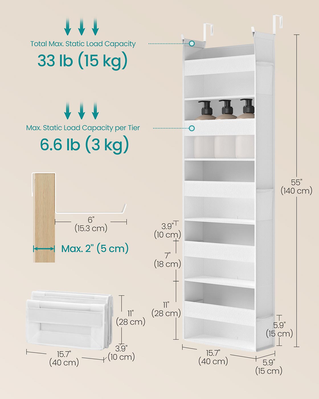 Over the Door Organiser with 5 Large Pockets Transparent Nylon Mesh Cloud White - image 5