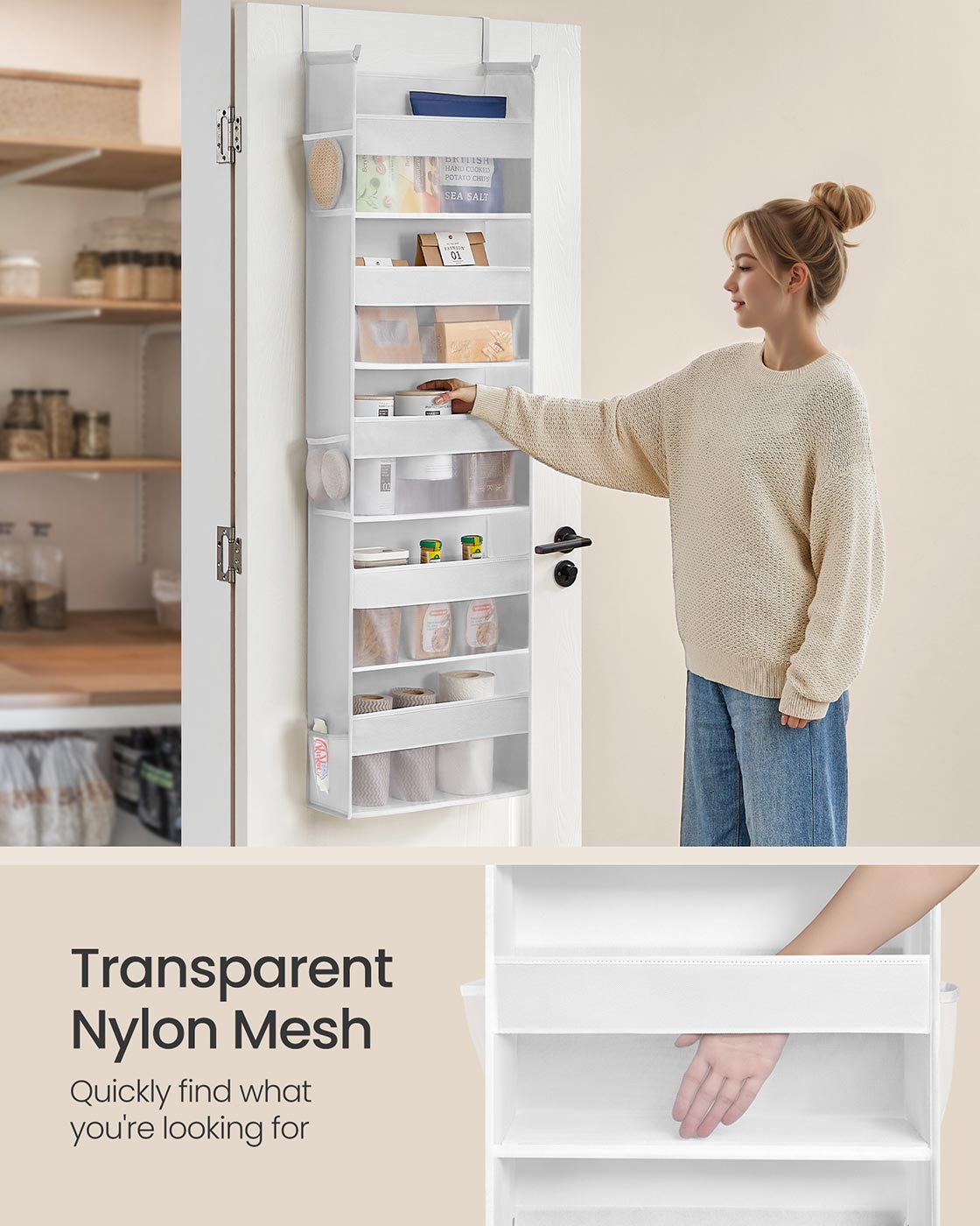 Over the Door Organiser with 5 Large Pockets Transparent Nylon Mesh Cloud White - image 6
