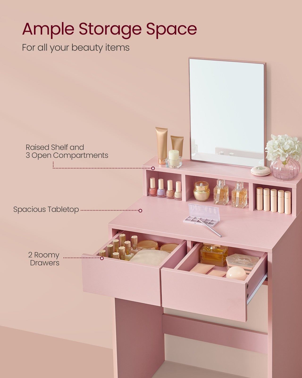 Rectangular Mirror Dressing Table with 2 Drawers and 3 Open Compartments - image 21