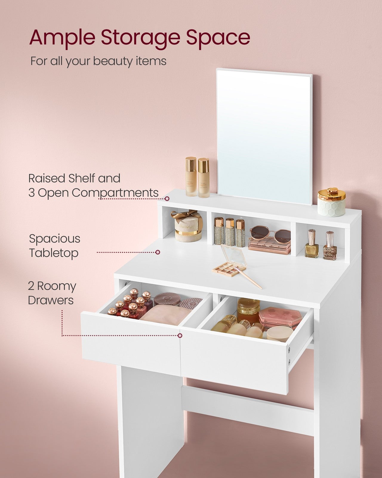 Rectangular Mirror Dressing Table with 2 Drawers and 3 Open Compartments - image 13