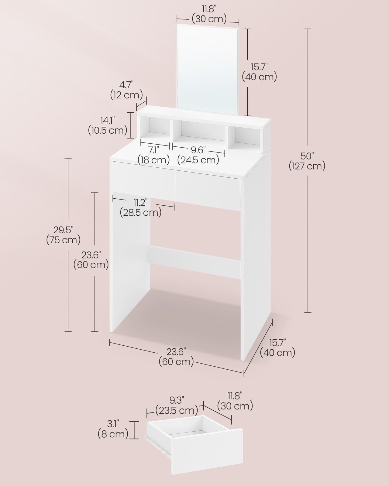 Rectangular Mirror Dressing Table with 2 Drawers and 3 Open Compartments - image 14