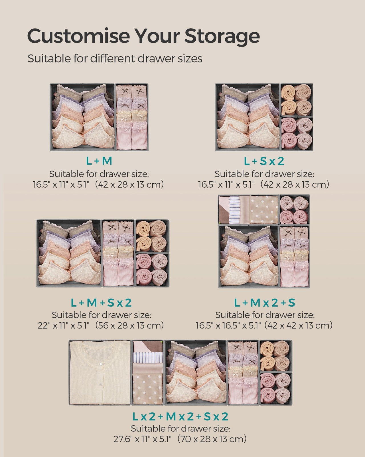 Set of 12 Foldable Fabric Drawer Organisers Dove Grey - image 6