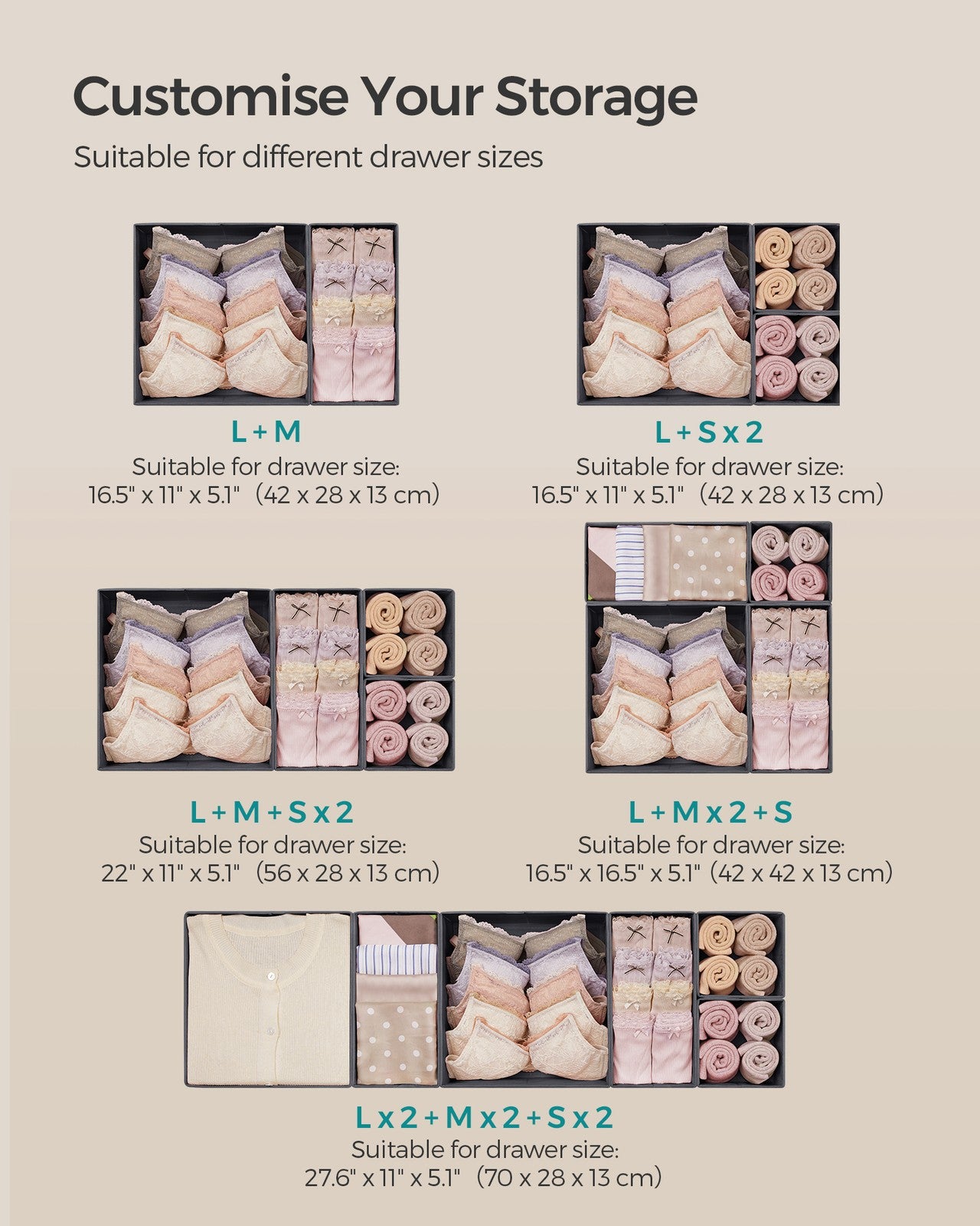 Set of 12 Foldable Fabric Drawer Organisers Dove Grey - image 13