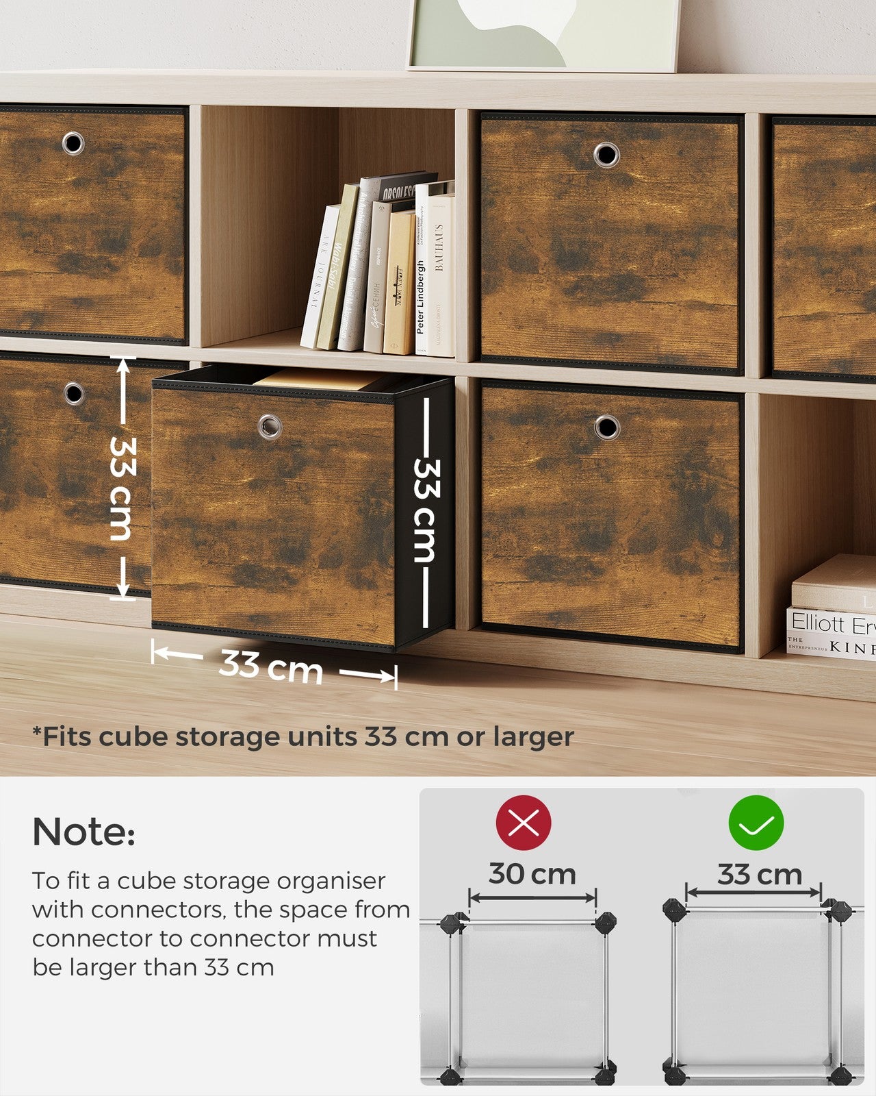 Foldable Storage Cubes Set of 6: 33cm Cube Bins with Handles, Oxford & Non-Woven Fabric, Rustic Brown & Black - image 3