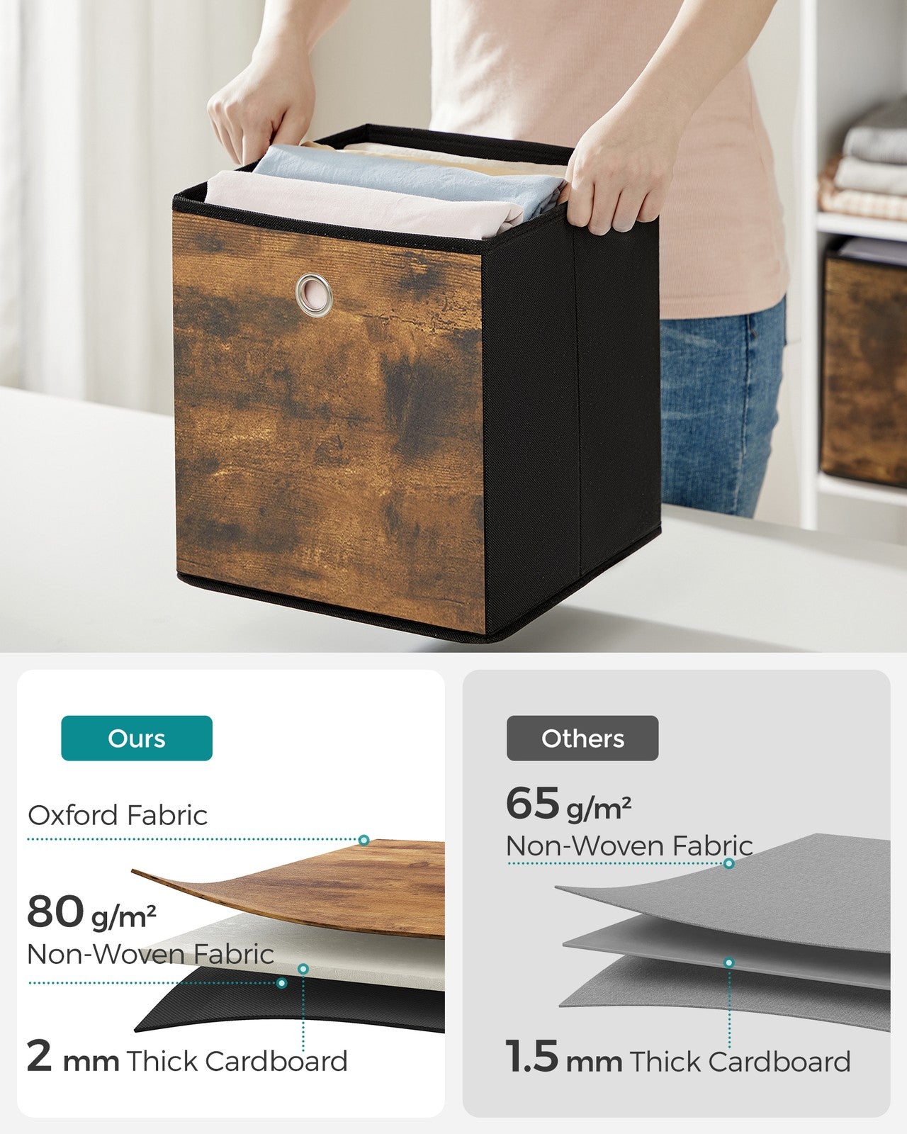 Foldable Storage Cubes Set of 6: 33cm Cube Bins with Handles, Oxford & Non-Woven Fabric, Rustic Brown & Black - image 5