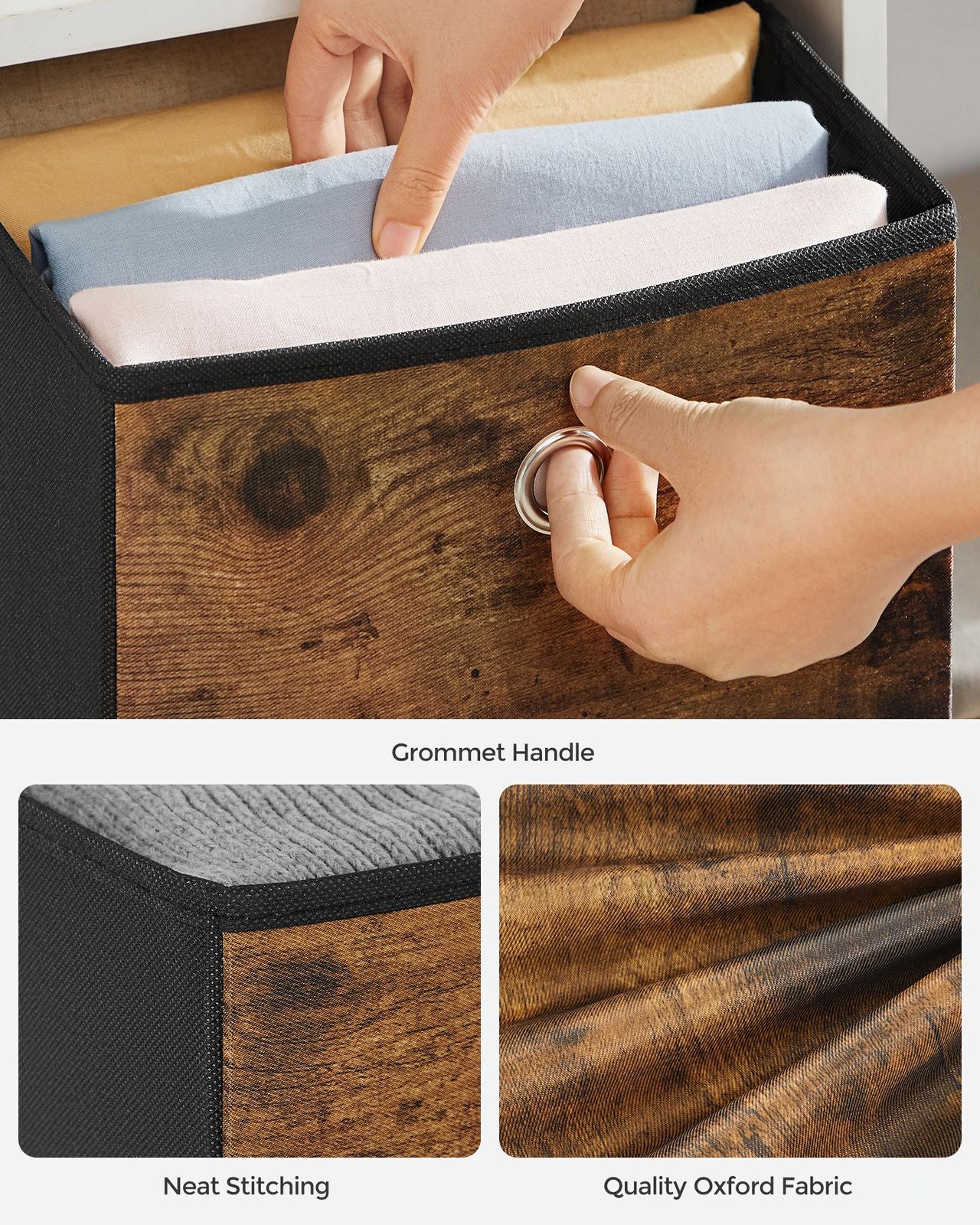 Foldable Storage Cubes Set of 6: 33cm Cube Bins with Handles, Oxford & Non-Woven Fabric, Rustic Brown & Black - image 6