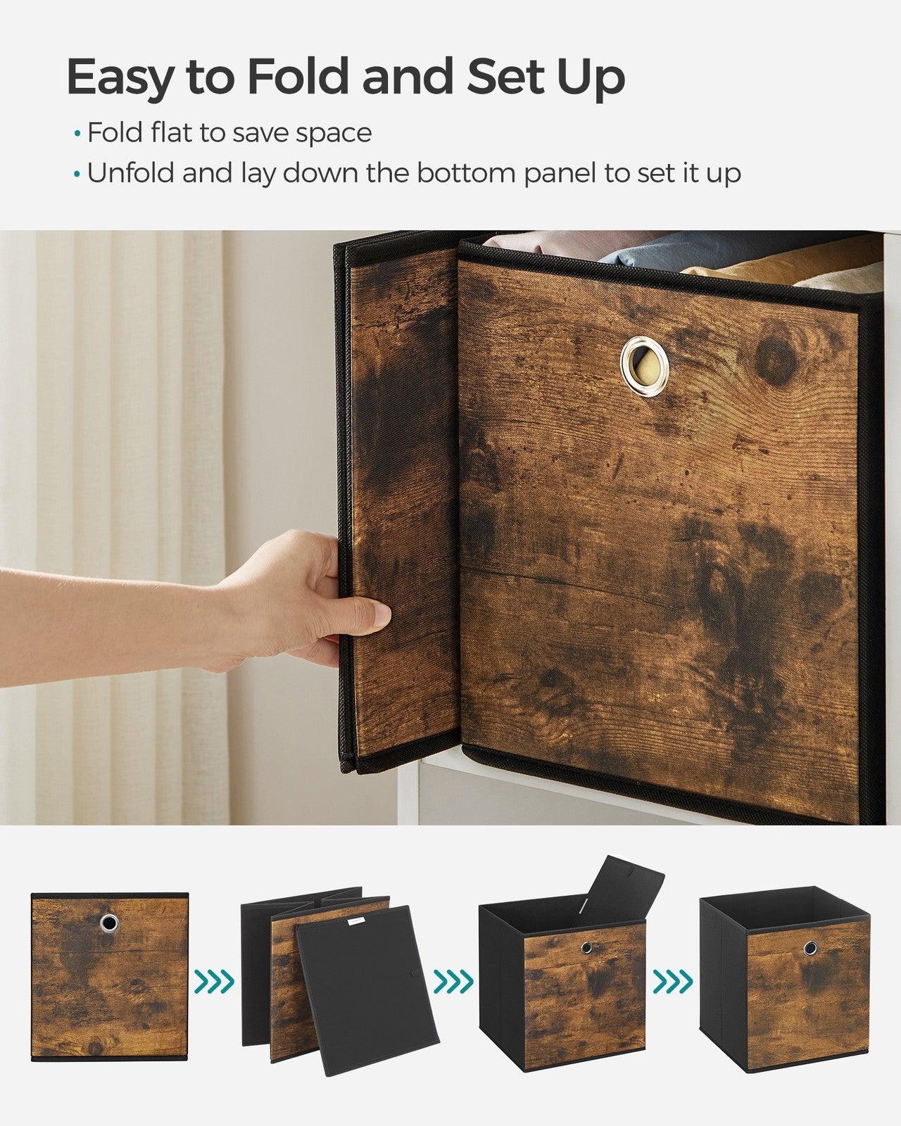 Foldable Storage Cubes Set of 6: 33cm Cube Bins with Handles, Oxford & Non-Woven Fabric, Rustic Brown & Black - image 7