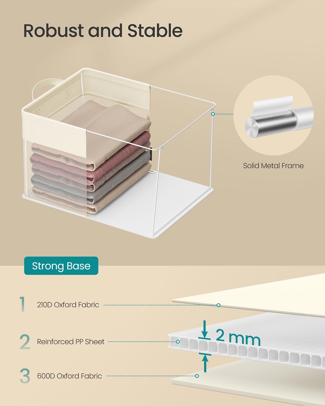 Storage Bins Set of 3 Medium Fabric Storage Baskets 40 x 30 x 25 cm Cream White - image 3