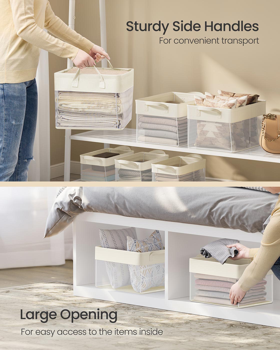 Storage Bins Set of 3 Medium Fabric Storage Baskets 40 x 30 x 25 cm Cream White - image 5
