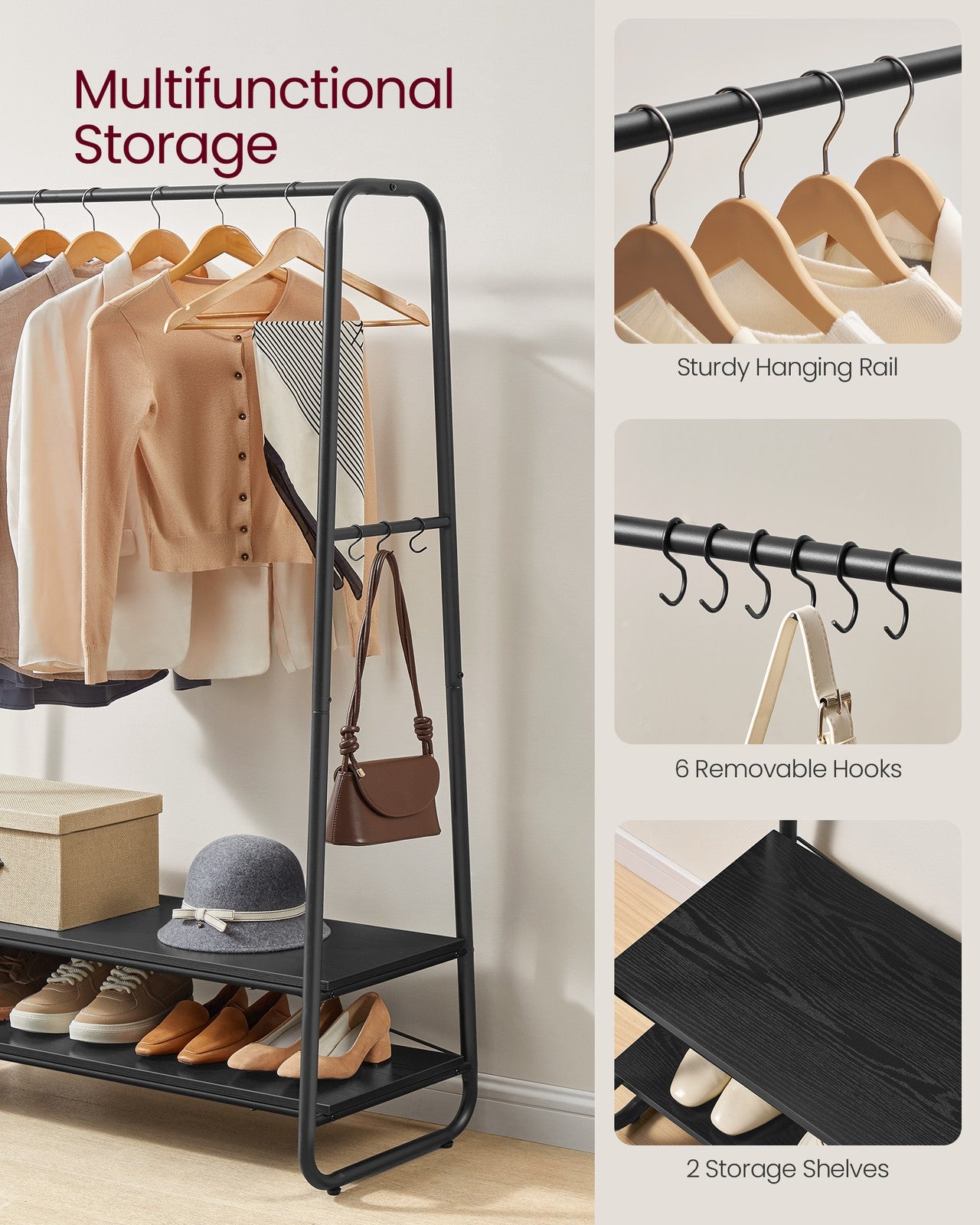 Clothes Rail with 2 Shelves Oak Beige and Cream White - image 12