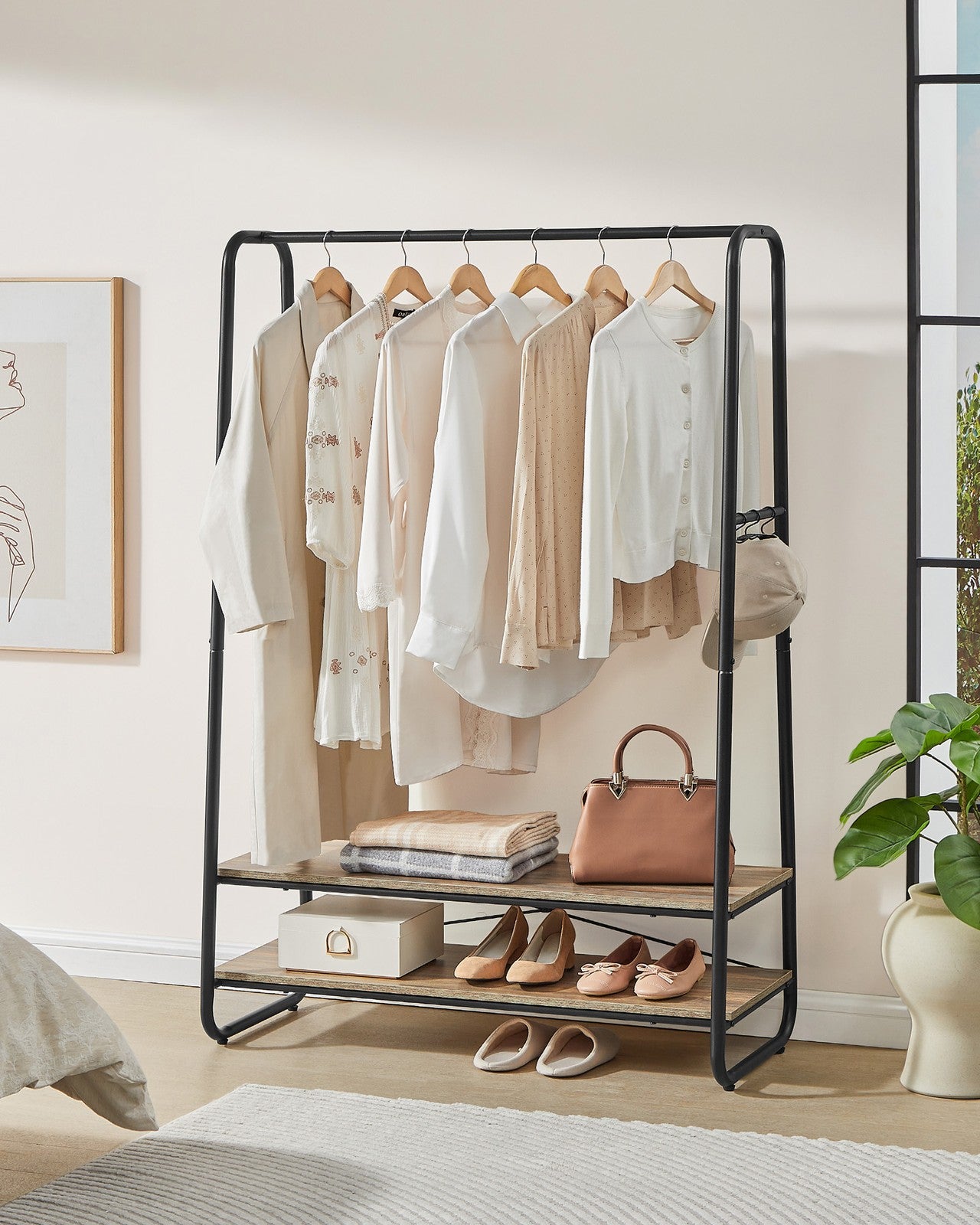 Clothes Rail with 2 Shelves Oak Beige and Cream White - image 15