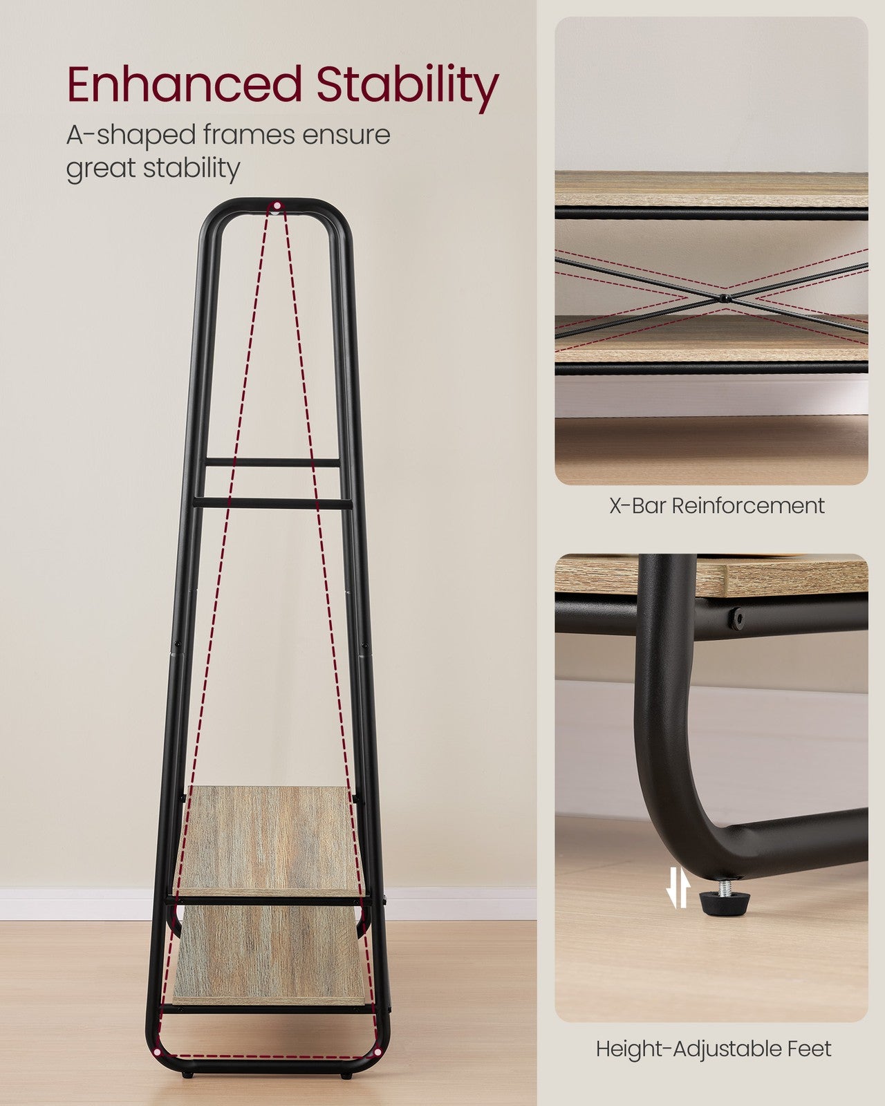 Clothes Rail with 2 Shelves Oak Beige and Cream White - image 17