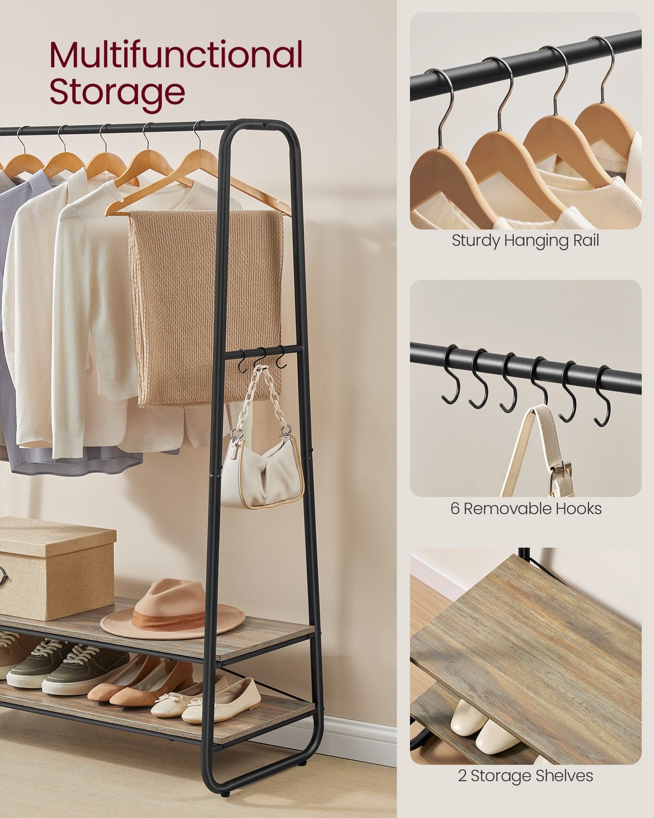 Clothes Rail with 2 Shelves Oak Beige and Cream White - image 18