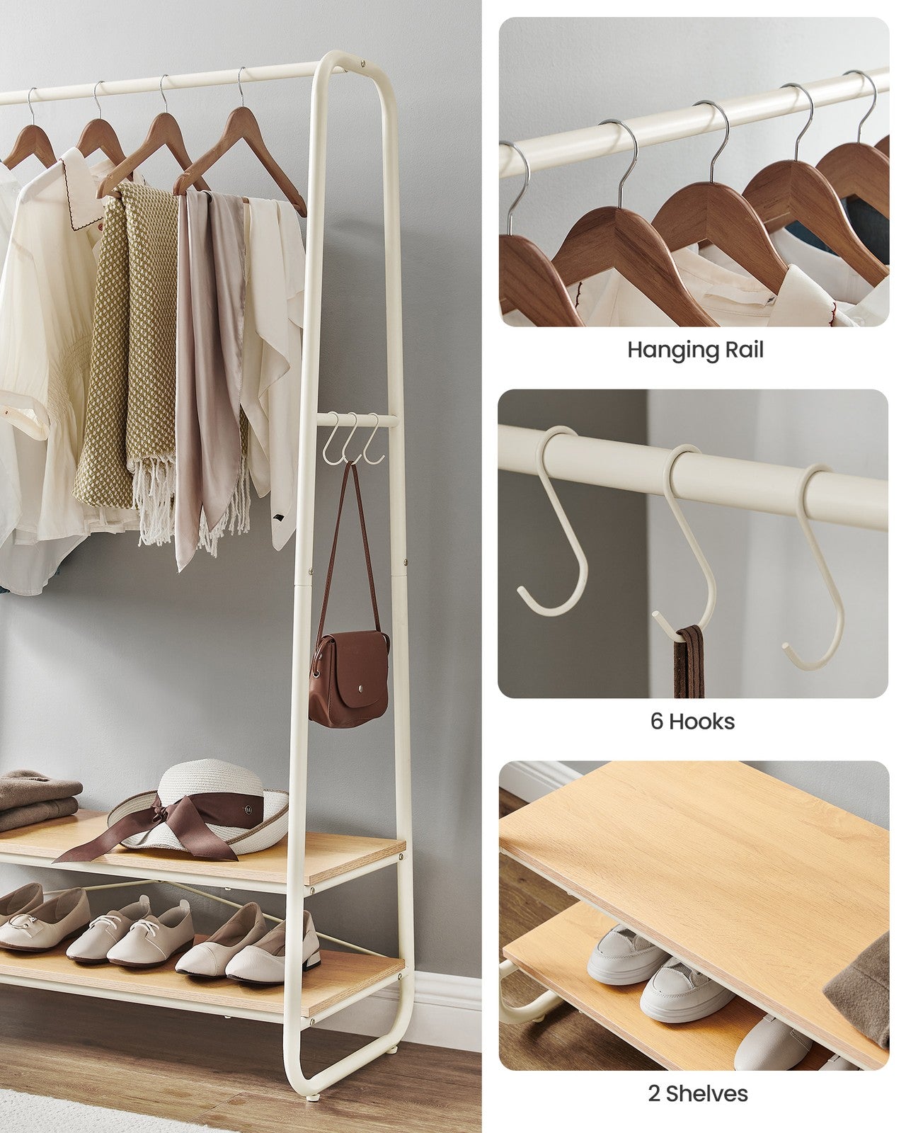 Clothes Rail with 2 Shelves Oak Beige and Cream White - image 4
