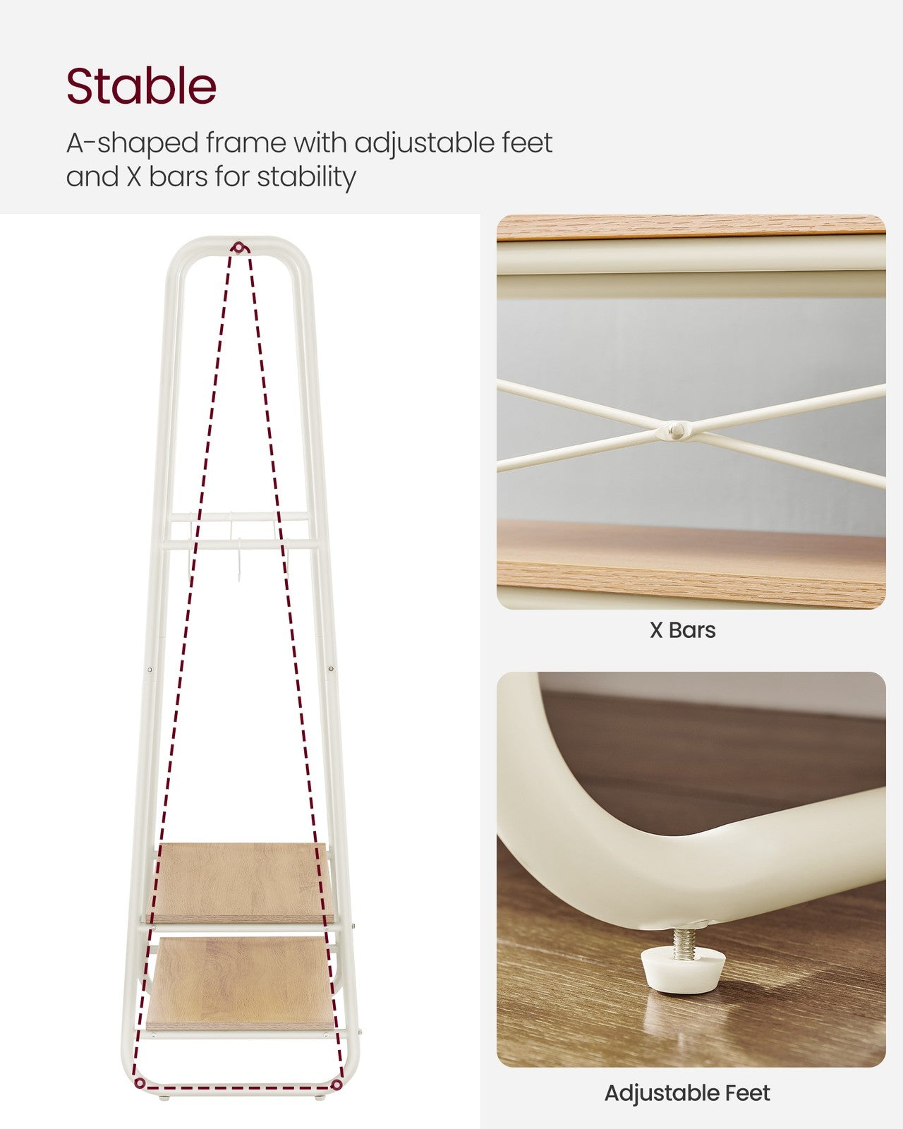 Clothes Rail with 2 Shelves Oak Beige and Cream White - image 6