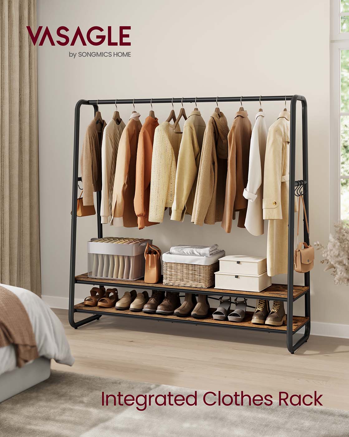 Clothes Rail with 2 Shelves Oak Beige and Cream White - image 21
