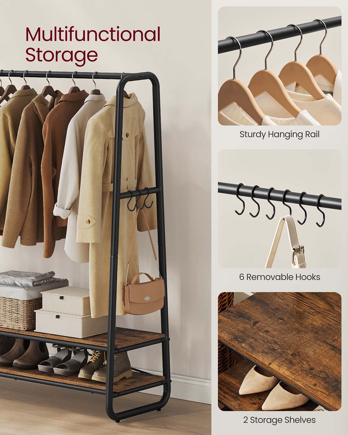 Clothes Rail with 2 Shelves Oak Beige and Cream White - image 24