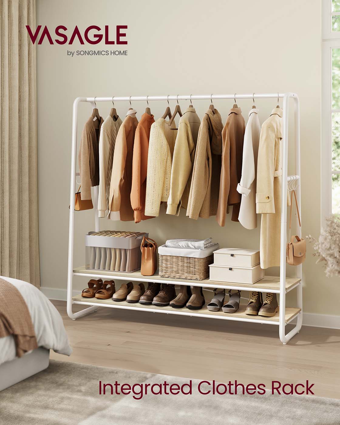 Clothes Rail with 2 Shelves Oak Beige and Cream White - image 27
