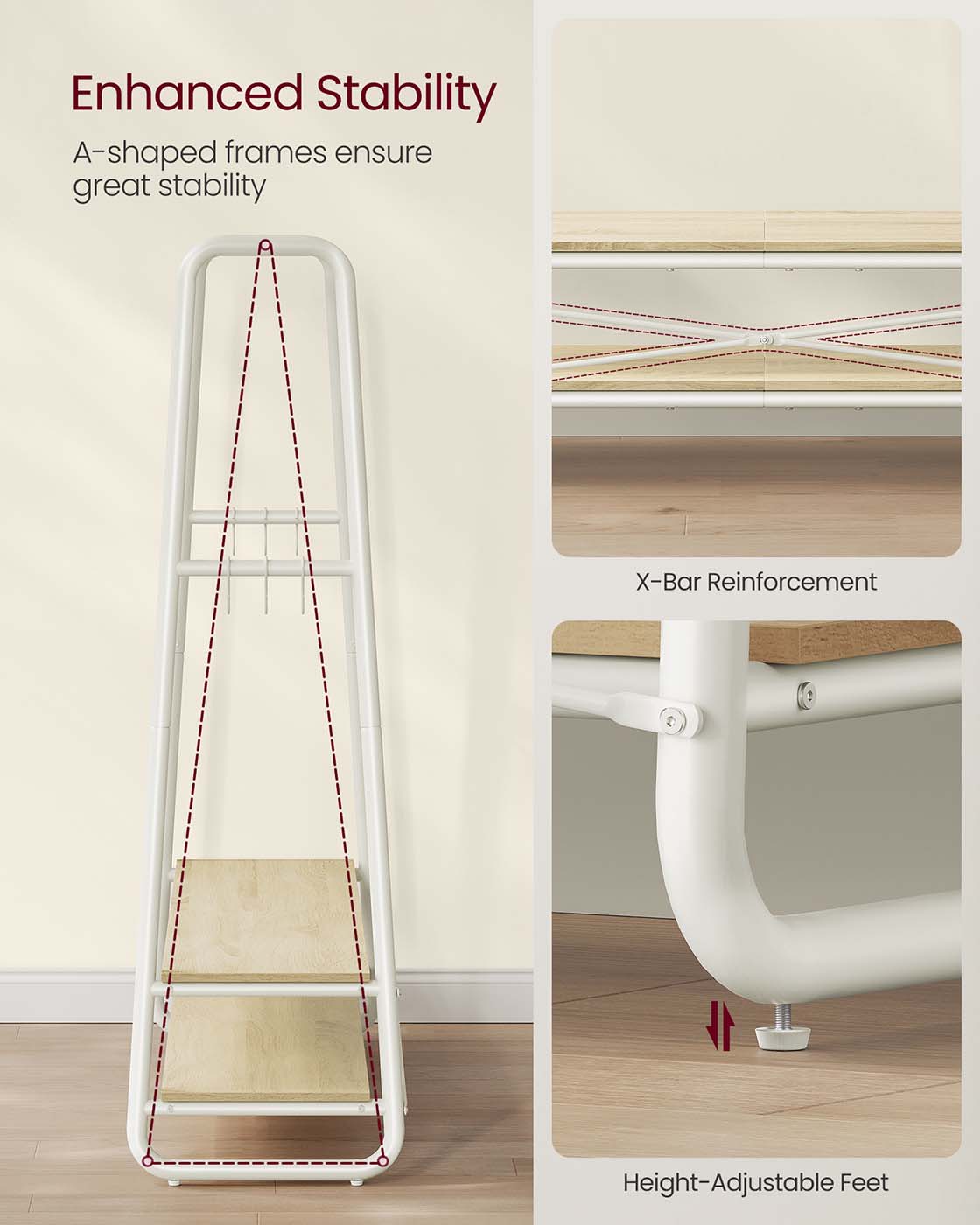 Clothes Rail with 2 Shelves Oak Beige and Cream White - image 29