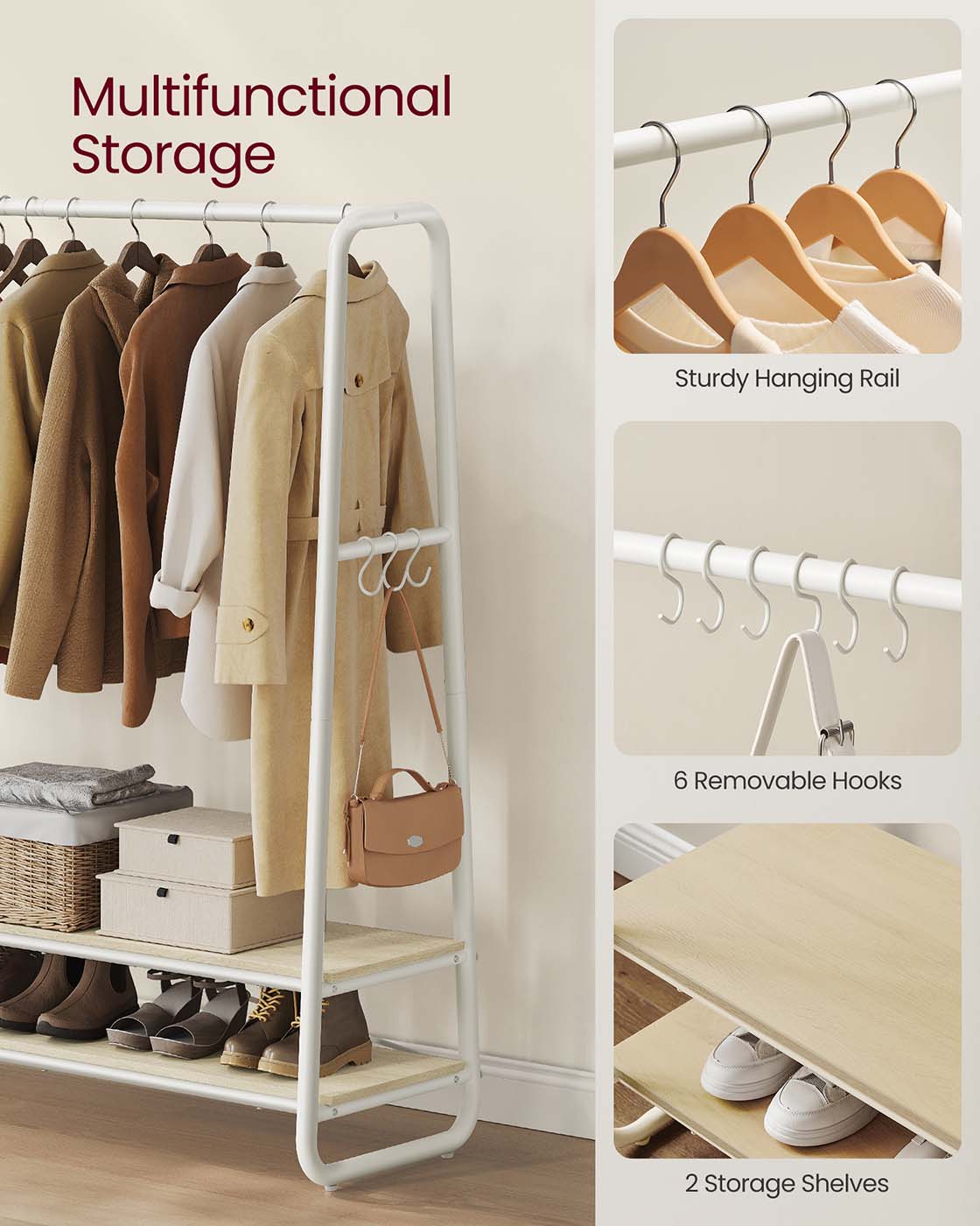 Clothes Rail with 2 Shelves Oak Beige and Cream White - image 30