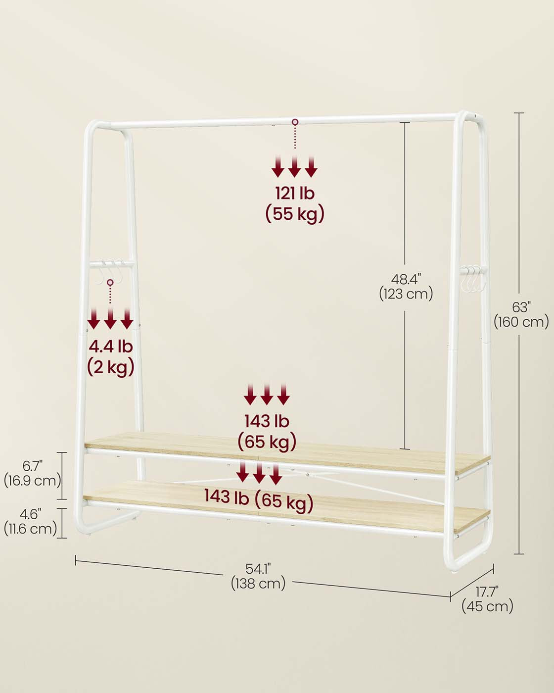 Clothes Rail with 2 Shelves Oak Beige and Cream White - image 31
